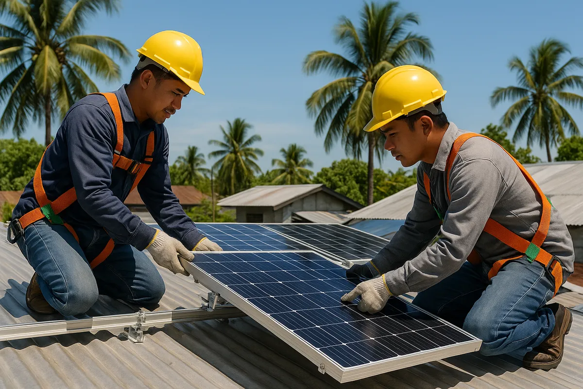 Two Filipino installers in hard hats and harnesses fixing a solar panel to rails on a corrugated metal roof, coconut palms behind