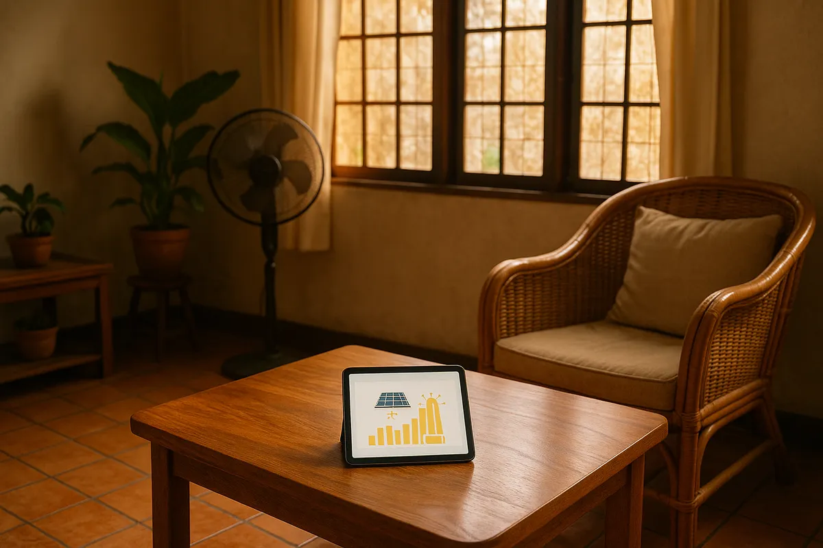 A tablet on a wooden table showing a solar panel icon and a bar chart, beside a rattan chair and an electric fan