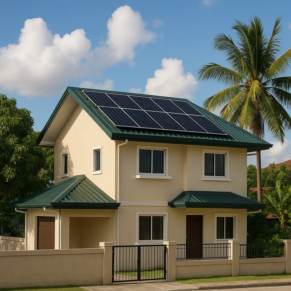 A two-storey cream concrete house with a green metal roof carrying twelve solar panels, a coconut palm and a mango tree beside it