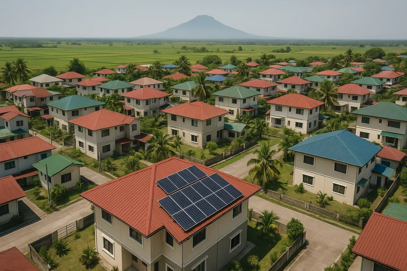 Aerial view of a Pampanga subdivision of two-storey concrete houses with red, green and blue metal roofs, one with solar panels, rice fields and Mount Arayat behind