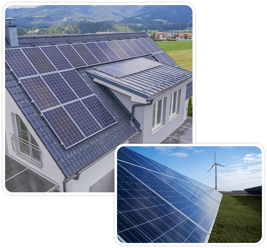 A modern house with solar panels installed on the roof, accompanied by a solar farm and a wind turbine in the distance
