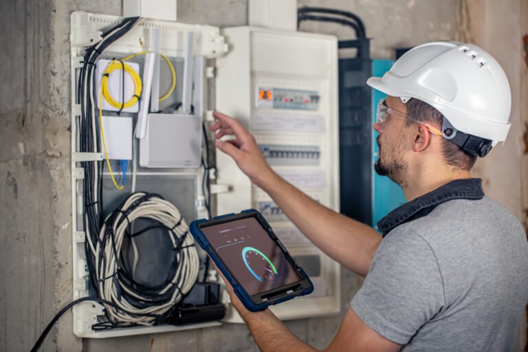 Electrician working on switchboard with tablet — illustrating net metering and electricity bill management
